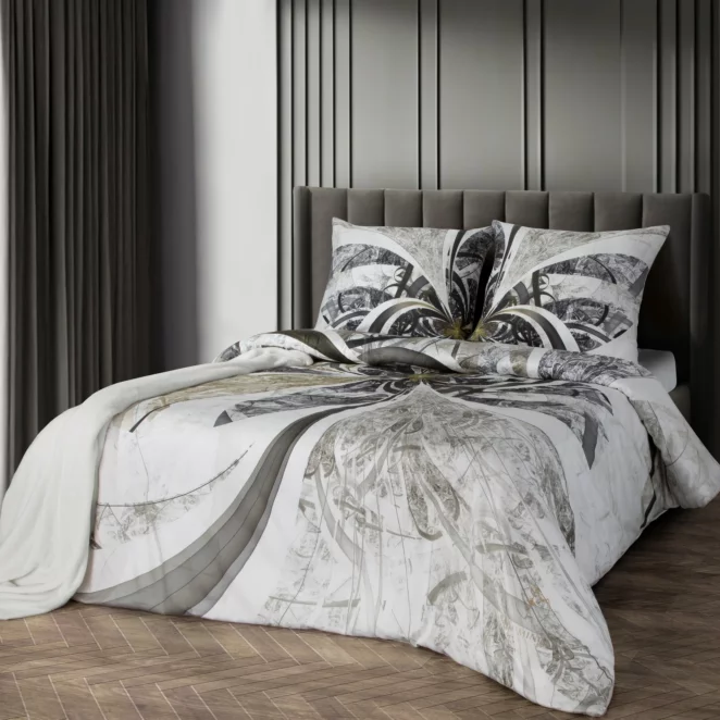 Pościel bawełniana z makosatyny 220x200 cm komplet 3 częściowy kolor jasnokremowy, brązowy z designerskim wzorem STELIA Eva Minge