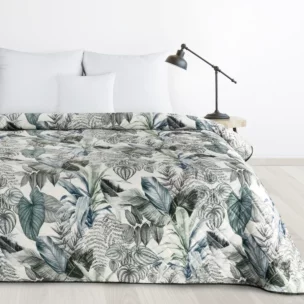 Narzuta zielono, srebrna 170x210 cm pikowana metodą hot press z nadrukiem egzotycznych liści DAVOS Design 91