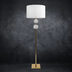 Lampa stojąca do pokoju biało, złota  na podstawie łączącej szkło metal i abażur z matowej nici 50 x 167 cm ARIANA