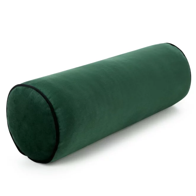Poduszka dekoracyjna wałek 15 x 45 cm welwetowa ciemnozielona zdobiony kontrastującą lamówką GAJA