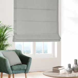 Roleta rzymska popielata z tkaniny blackout zaciemniającej w 100% o naturalnej strukturze