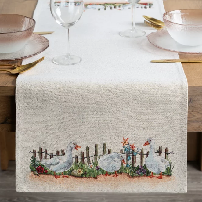 Bieżnik na stół naturalny 40x100 cm gobelinowy z motywem Gęsi