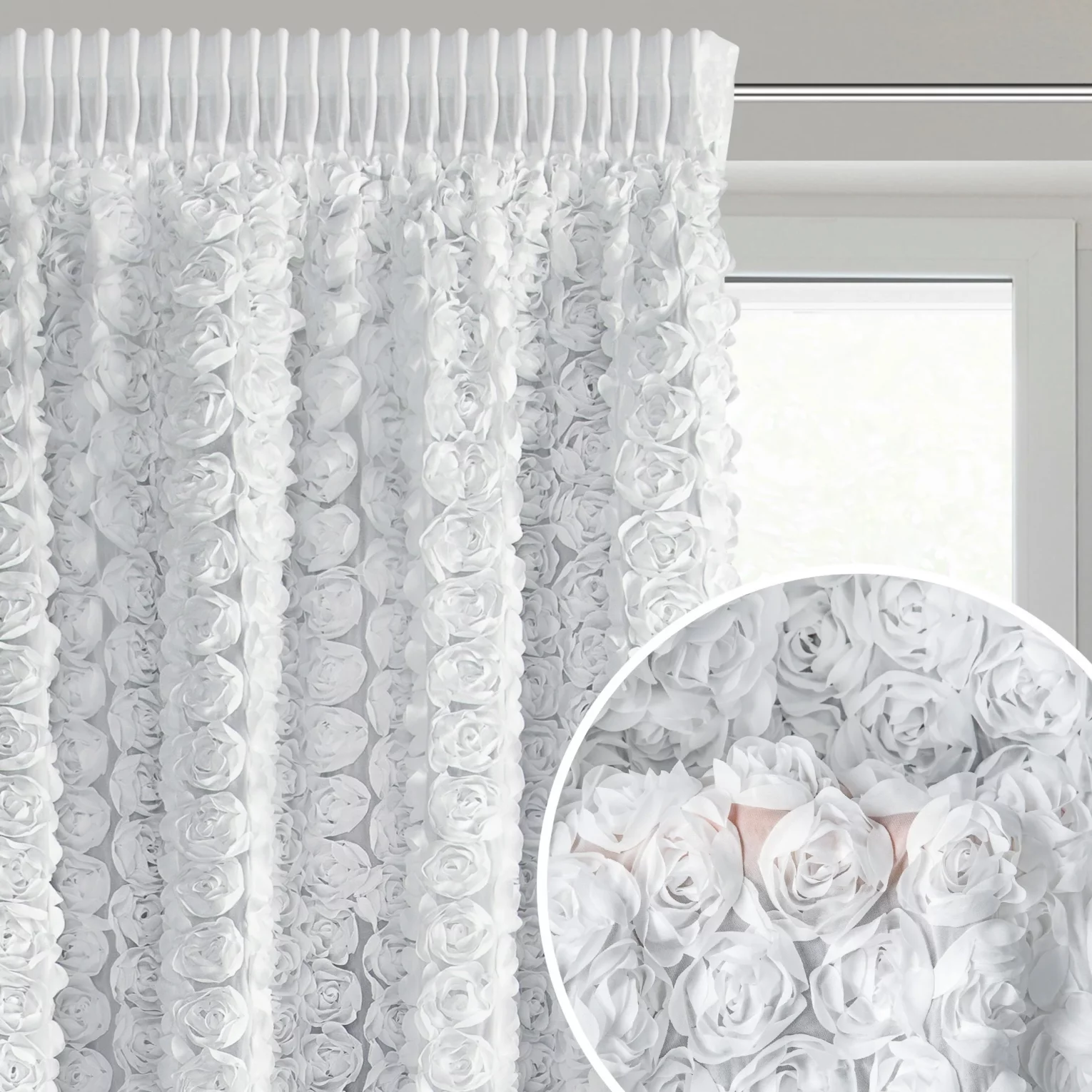 Zasłona biała z szyfonu zdobiona różami 3D 140x270 cm taśma - ROSES Eva Minge