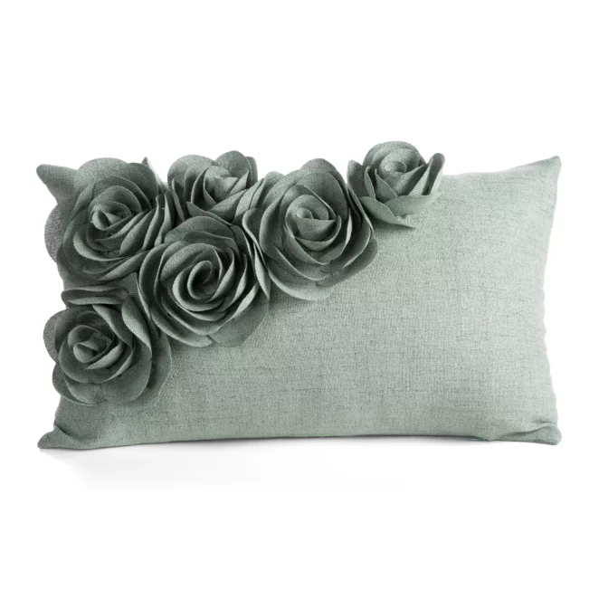 Poszewka na poduszkę 30x50 cm zielona o naturalnym splocie w 3D róże FLORES 7