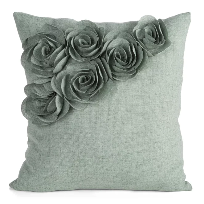 Poszewka na poduszkę 45x45 cm zielona o naturalnym splocie w 3D róże FLORES 7