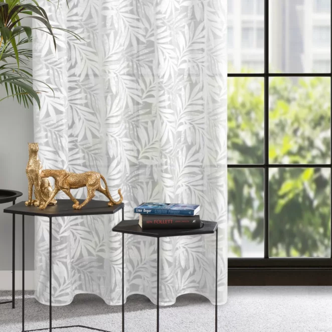 Dekoracja okienna biała z żakardowym wzorem w liście 140x250 cm przelotka - NATALY