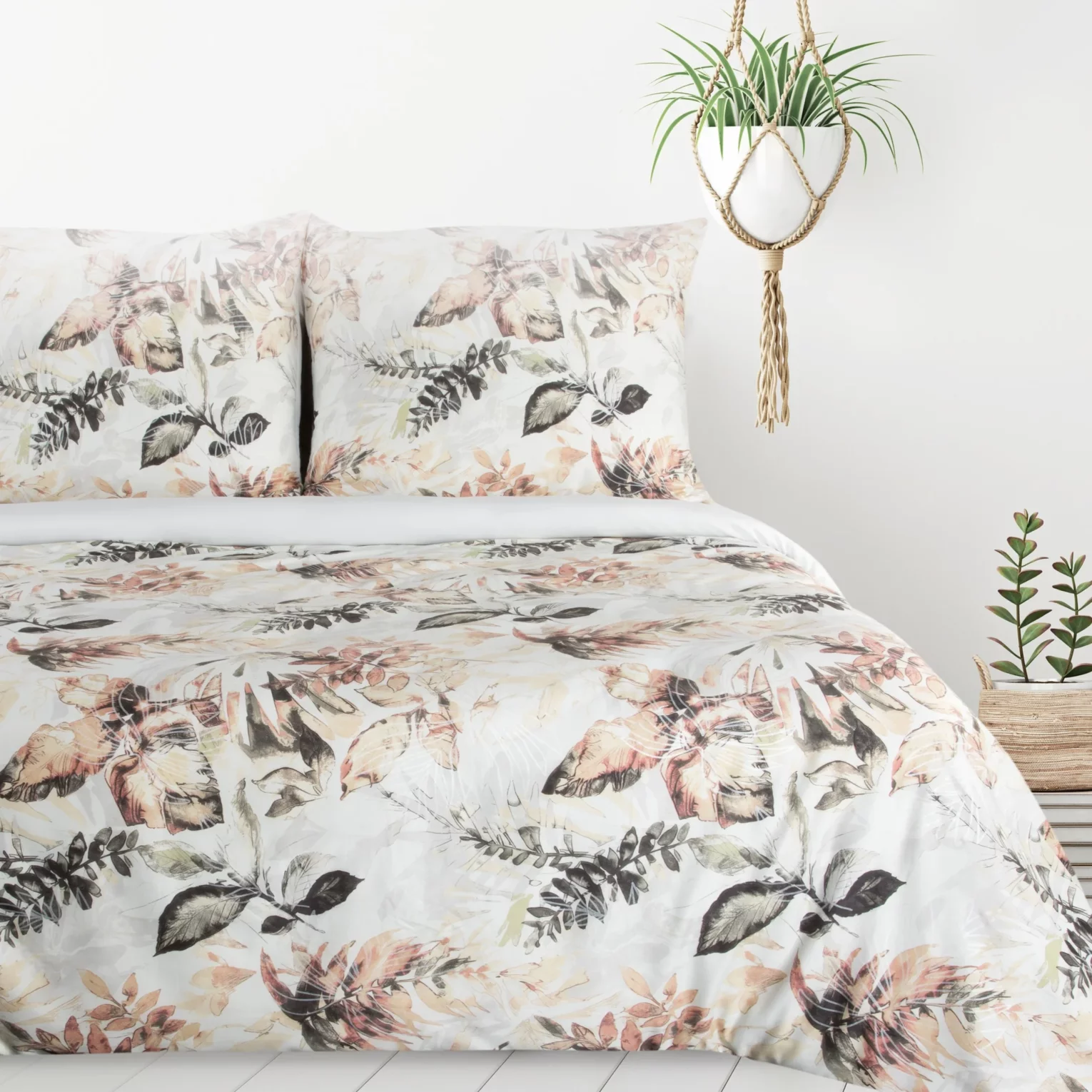 Pościel 160x200 cm komplet 3 częściowy kolor biały, pomarańczowy z motywem liści ARINA Design 91