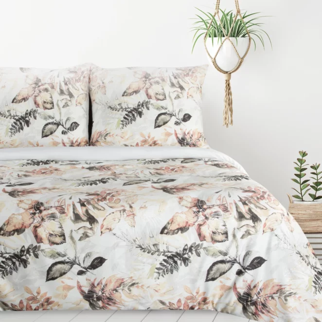 Pościel 160x200 cm komplet 3 częściowy kolor biały, pomarańczowy z motywem liści ARINA Design 91