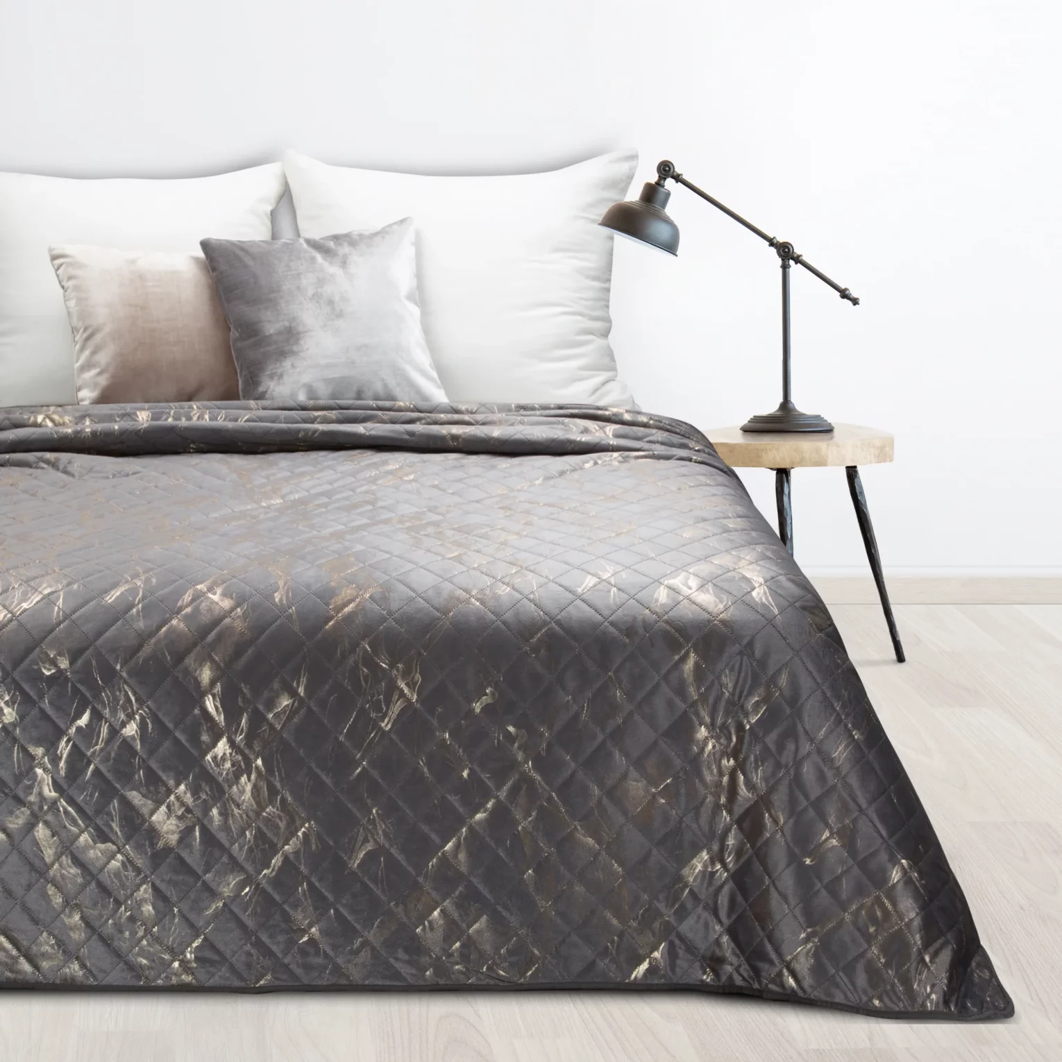 Narzuta welwetowa stalowo, złota 170x210 cm z welwetu zdobiona wzorem marmuru LUIZ 6 Design 91