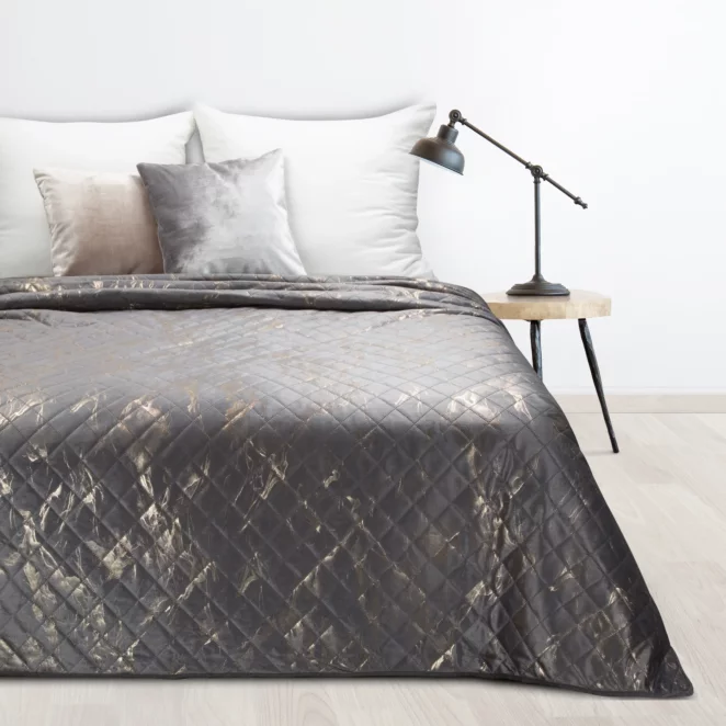 Narzuta welwetowa stalowo, złota 170x210 cm z welwetu zdobiona wzorem marmuru LUIZ 6 Design 91