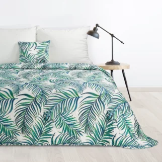 Narzuta biało, niebieska 200x220 cm z nadrukiem palmowych liści pikowana techniką hot press PALMS 2 Design 91