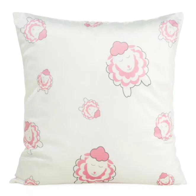 Poszewka na poduszkę 45x45 cm welwetowa, biało różowa z motywem baranków KIDS 4 DESIGN 91