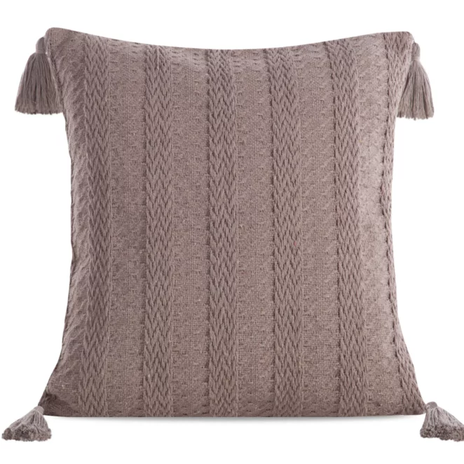 Poszewka na poduszkę 45x45 cm bawełniana kolor brązowy z ozdobnymi chwostami na rogach BOHO