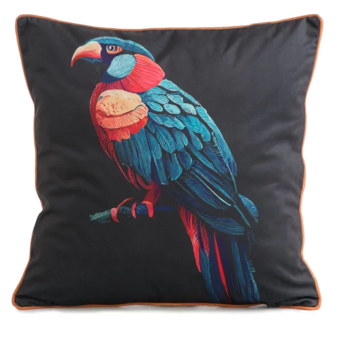 Poszewka na poduszkę 45x45 cm welwetowa, czarno niebieska, dwustronna z motywem papugi VELEVT 136 Eurofirany Premium