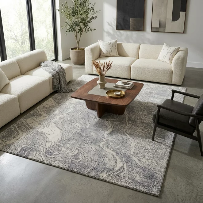 Dywan 120x170 cm stalowo, biały o eleganckiej żyłkowej strukturze inspirowany naturalnym kamieniem SALENA9