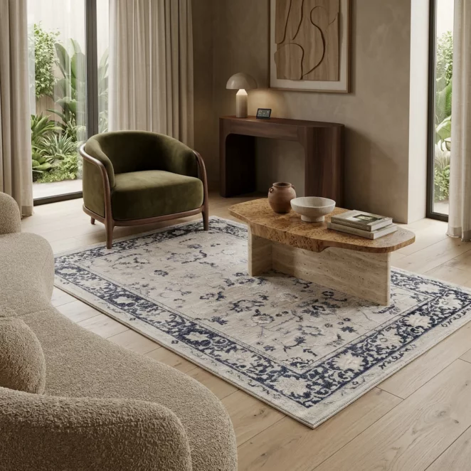 Dywan 60x100 cm kremowo, granatowy z motywem orientalnym ELBA1