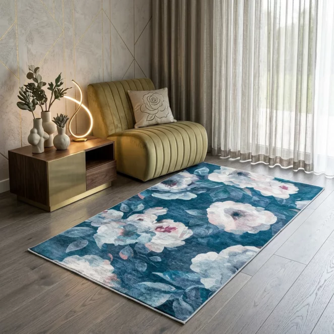 Dywan 80x140 cm ciemnoniebiesko, pudrowy z motywem kwiatu róży LOTUS5