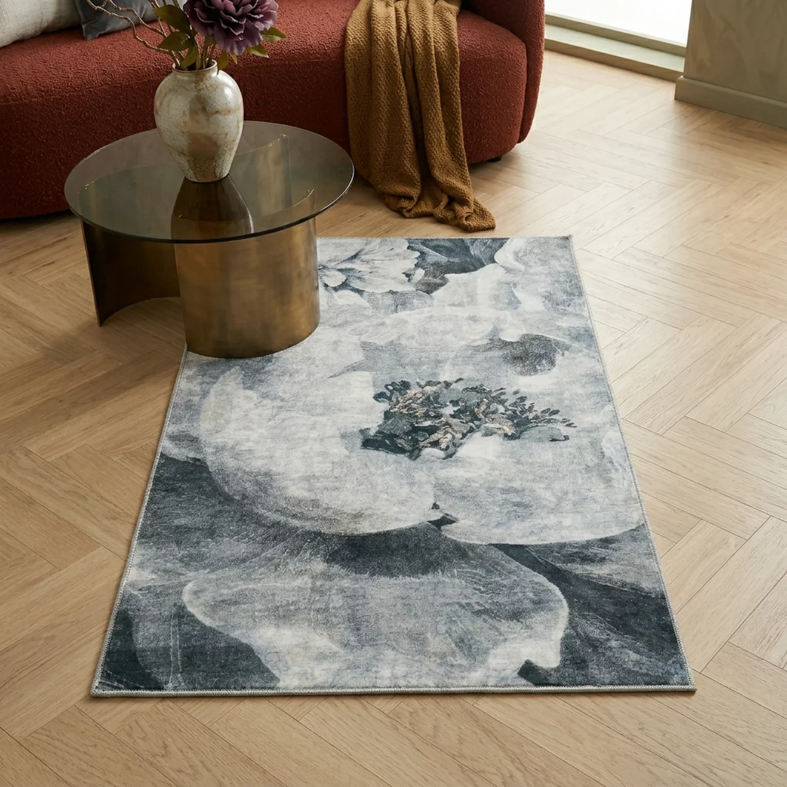 Dywan 80x140 cm jasnoszaro, srebrny z motywem kwiatów LOTUS4