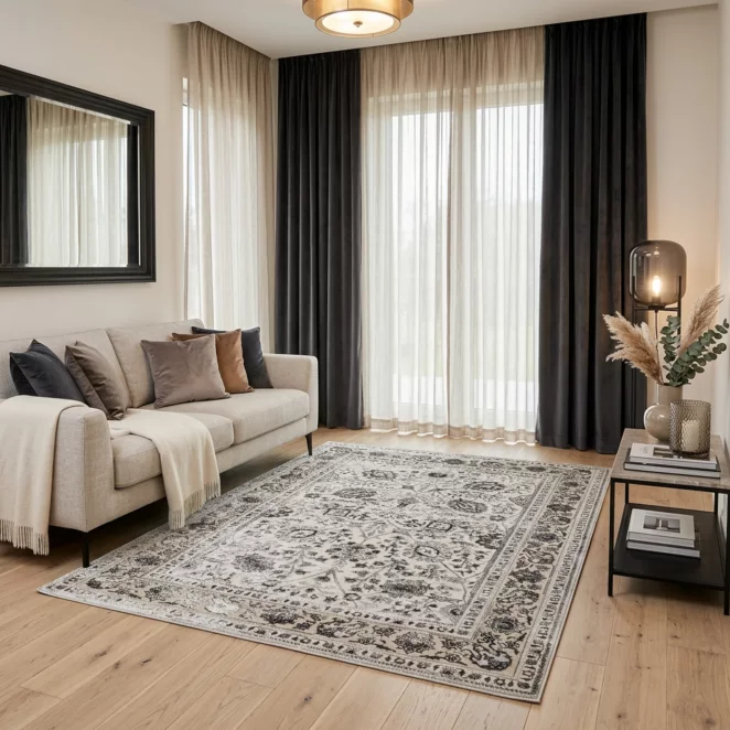 Dywan 80x150 cm beżowo, brązowy zdobiony roślinnym wzorem VIANA