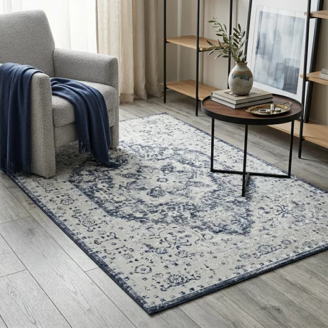 Dywan 80x150 cm kremowo, granatowy zdobiony wzorem ornamentu ELBA2