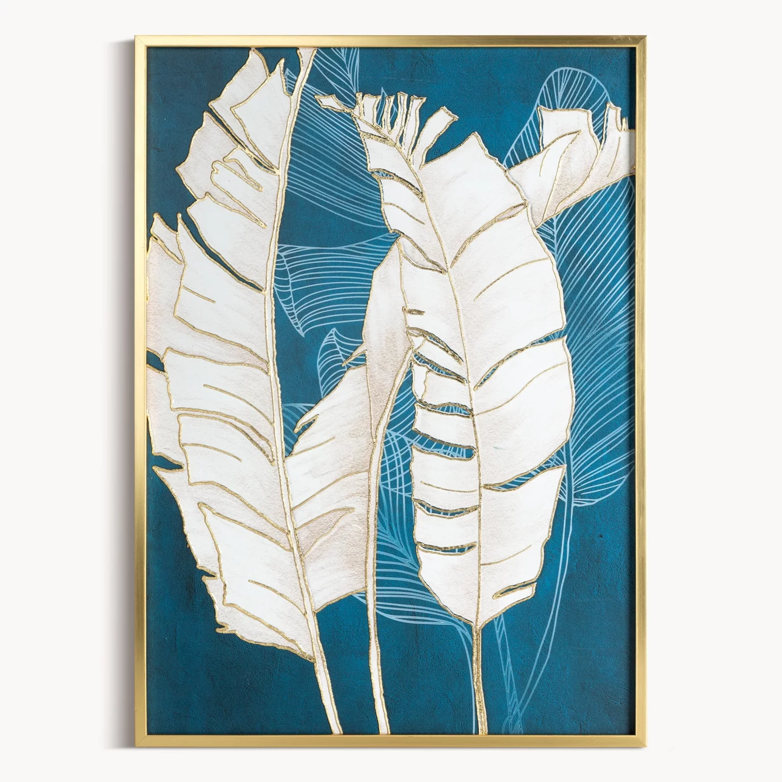 Obraz roślinny turkusowo, złoty nadruk na płótnie z motywem liści bananowca 50x70 cm