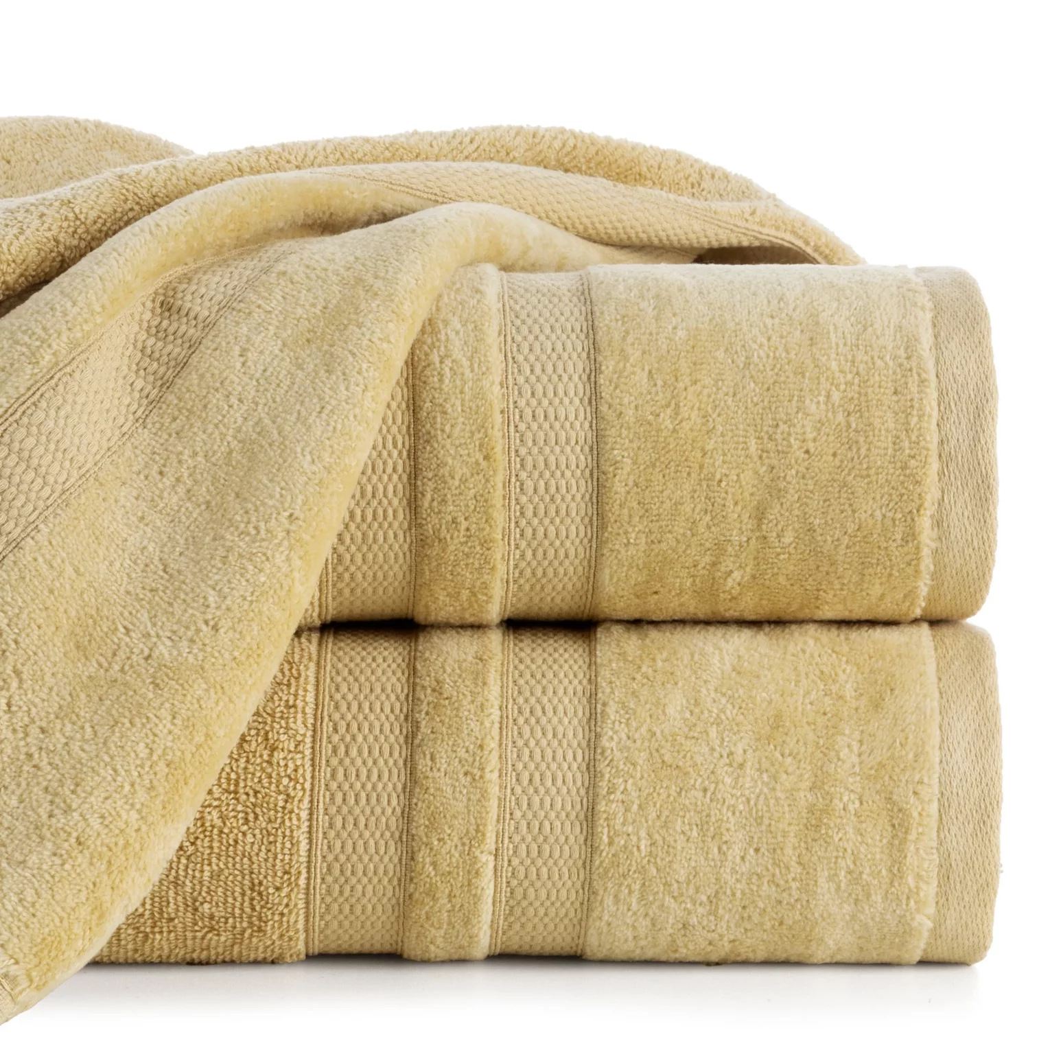 Ręcznik kąpielowy 50x90 cm bawełniany kolor musztardowy z welwetową bordiurą w pasy 500 g/m2 PORTO