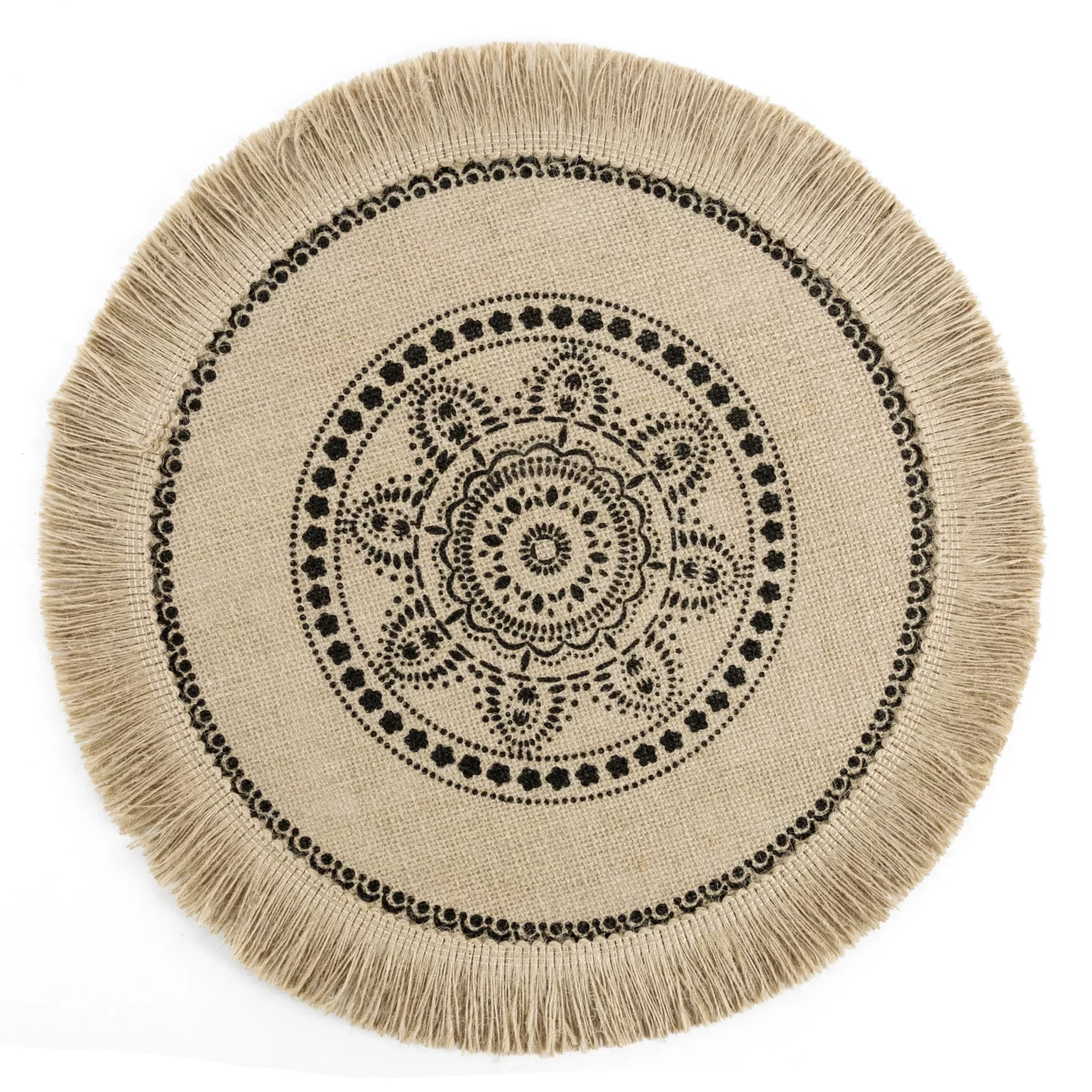 Podkładka na stół naturalna z juty średnica 38 cm ELISA z frędzlami na brzegach w stylu boho