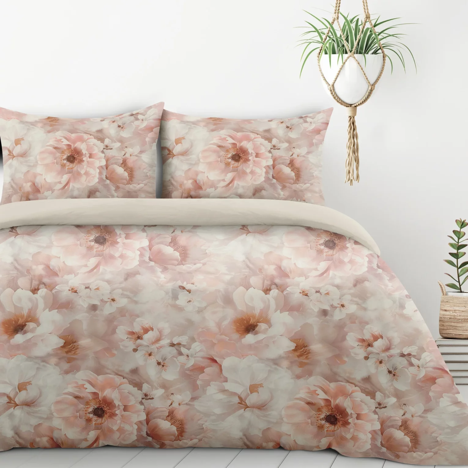 Pościel 160x200 cm komplet 3 częściowy  kolor biało, pudrowy z motywem okazałych kwiatów FLORINA Design 91
