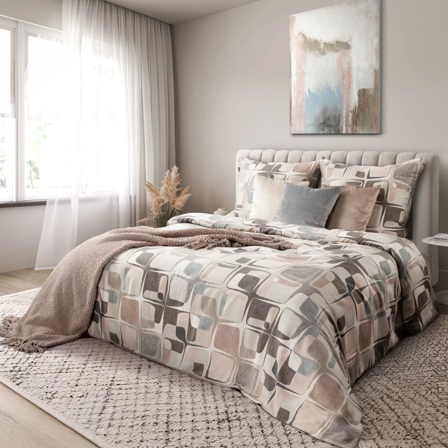 Pościel bawełniana 220x200 cm komplet 3 częściowy kolor beżowy, brązowy z wzorem geometrycznym SPRING 36