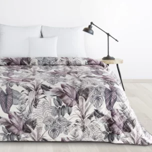 Narzuta fioletowo, szara 170x210 cm pikowana metodą hot press z nadrukiem egzotycznych liści DAVOS Design 91