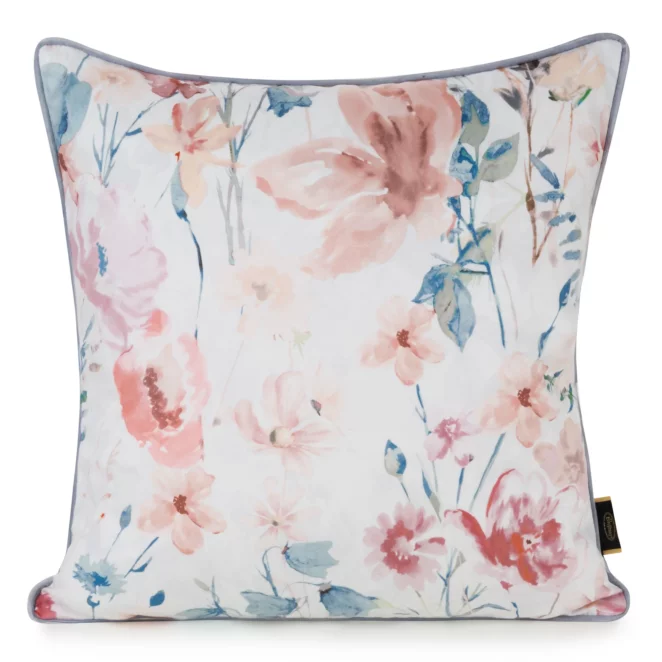 Poszewka na poduszkę 45x45 cm welwetowa, biało pomarańczowa z nadrukiem pastelowych kwiatów VELVET 156 Eurofirany Premium