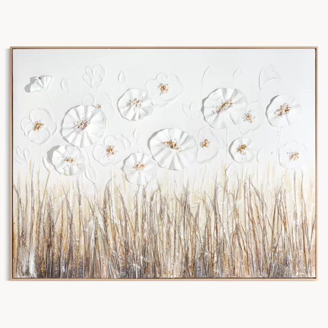 Obraz w trójwymiarowe kwiaty kremowo, złoty ręcznie malowany na płótnie oprawiony w ramę 122x92 cm