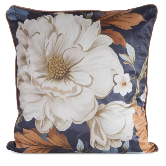 Poszewka na poduszkę 45x45 cm welwetowa  granatowo, kremowa z motywem kwiatów FLORA 1