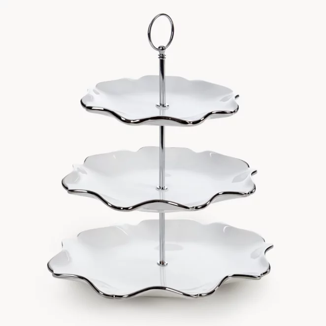 Patera ceramiczna dekoracyjna biało-srebrna trzypiętrowa 30x21x54 cm AUREN