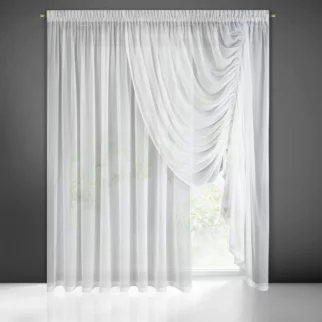 Firana biała na okno balkonowe z asymetrycznym podpięciem 500x250 cm taśma ANABEL