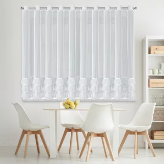Firana biała z drobnej siateczki z fantazyjną aplikacją 400x160 cm przelotka - ARABELLA