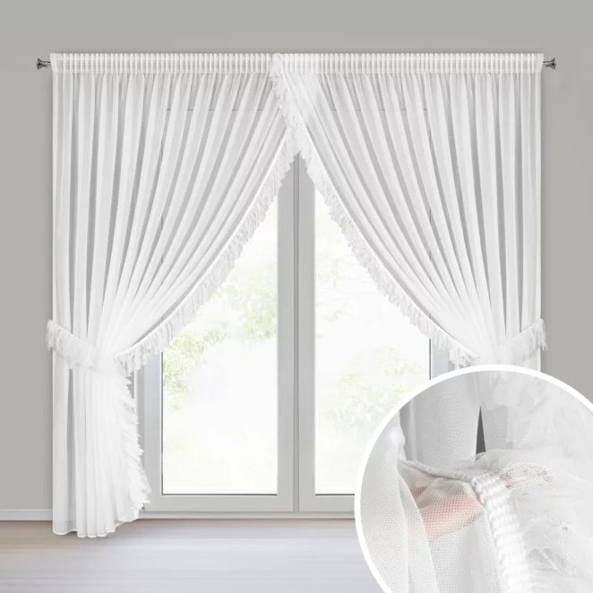 Firana biała z drobnej siateczki z fantazyjną aplikacją 400x250 cm w zestawie troczki, taśma - ARABELLA