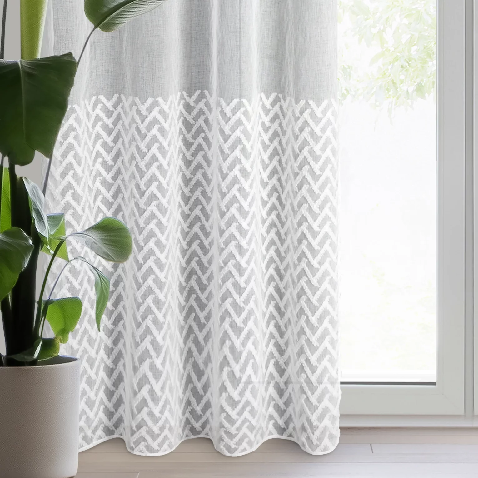Firana biała z etaminy zdobiona pasem trójwymiarowego wzoru geometrycznego 140x250 cm przelotka MELI 2