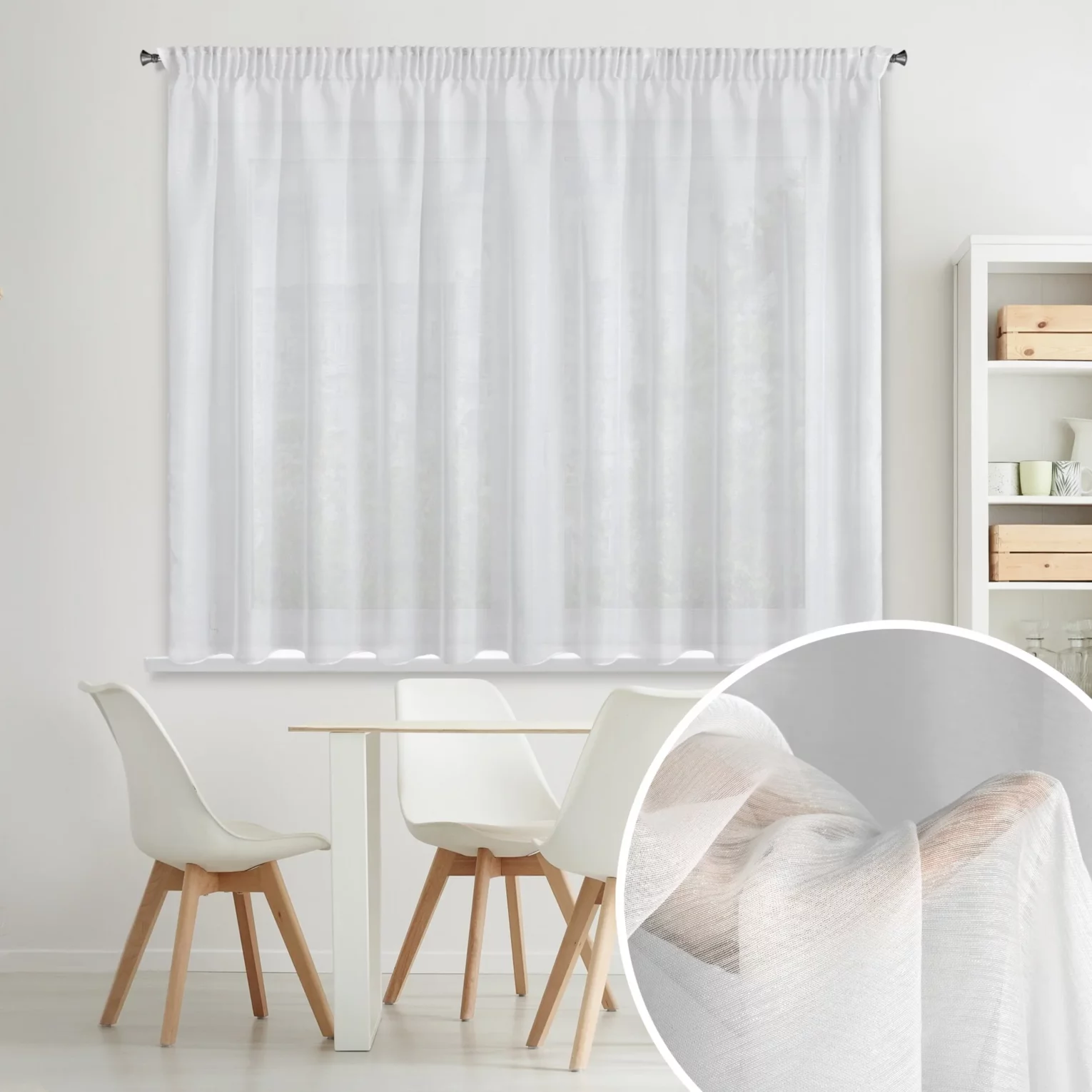 Firana biała o strukturze drobnego deszczyku wzór poziomy 300x150 cm taśma REBECCA