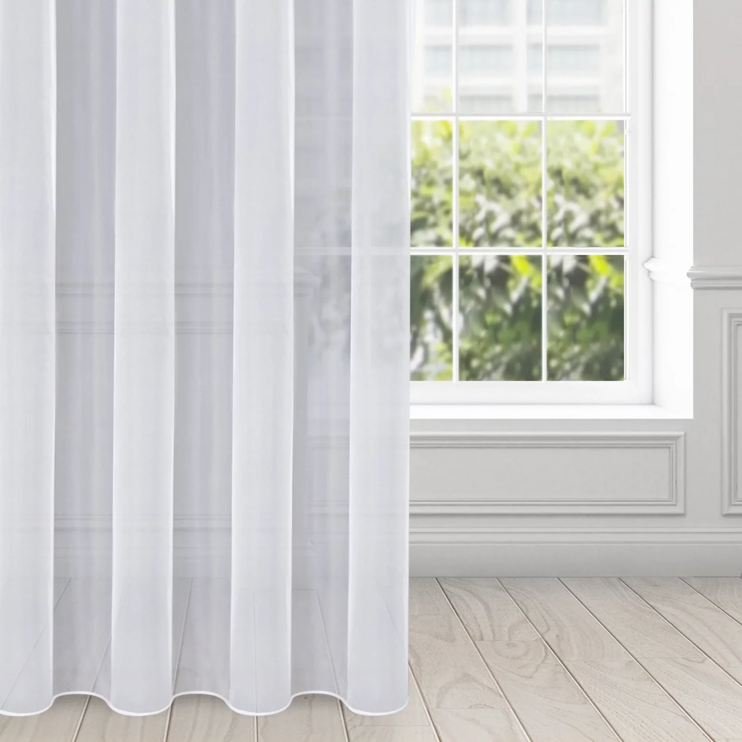 Firana biała z gładkiego mlecznego woalu wykończona szwem obciążającym VIOLET 150x220 cm fala 1:2