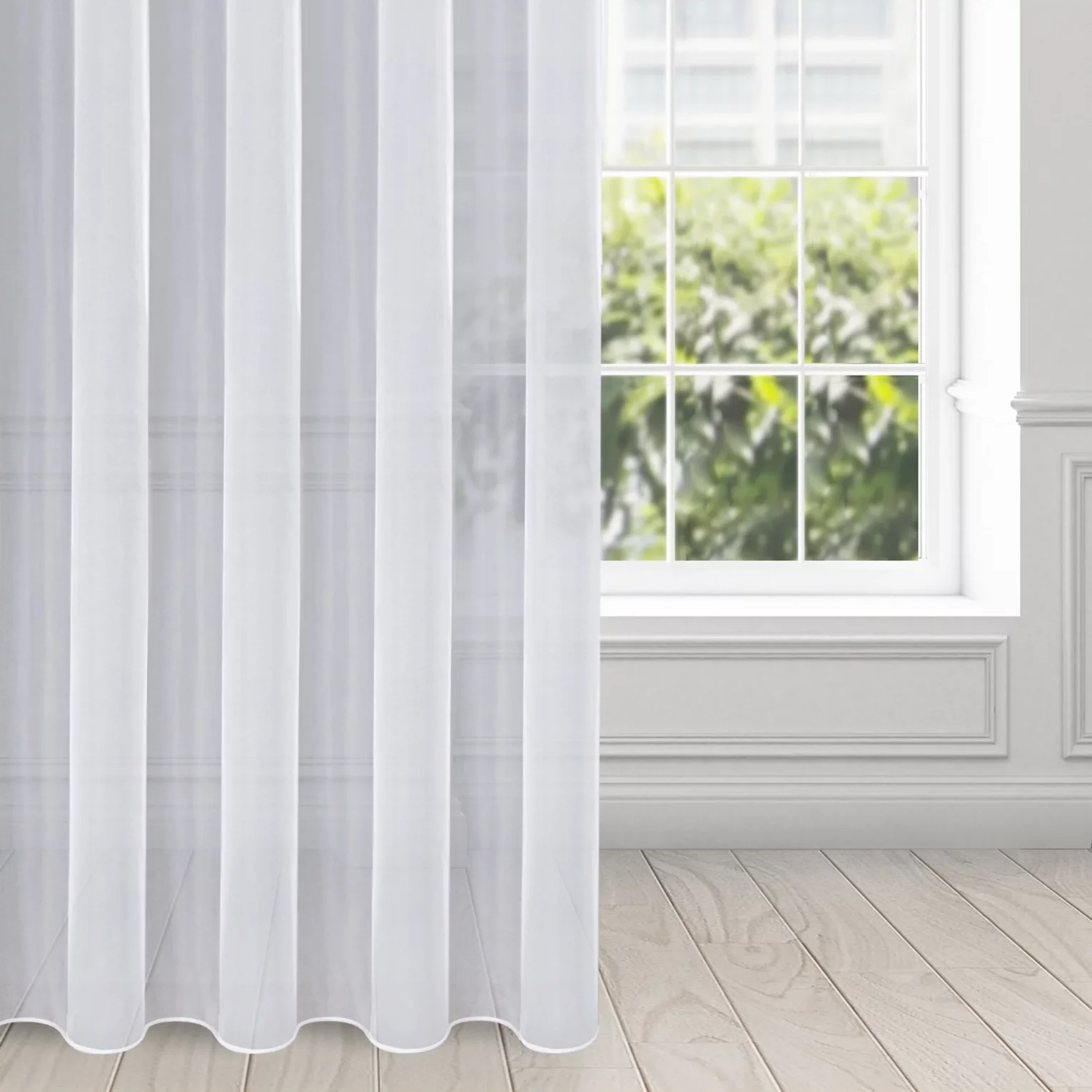 Firana biała z gładkiego mlecznego woalu wykończona szwem obciążającym VIOLET 300x240 cm flex 1:2