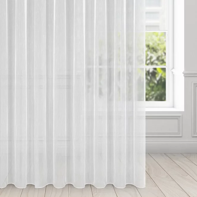 Firana biała z delikatnymi prążkami i efektem deszczyku 350x270 cm taśma PILAR