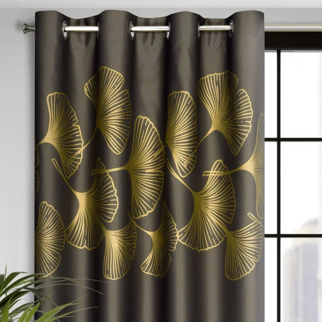 Zasłona brązowa ze złotym wzorem liści ginko, zaciemniająca 140x250 cm przelotka - HARMONY