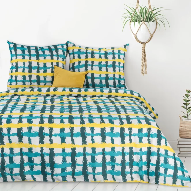 Pościel bawełniana 220x200 cm komplet 3 częściowy kolor turkusowy, żółty z motywem kraty IDA Design 91