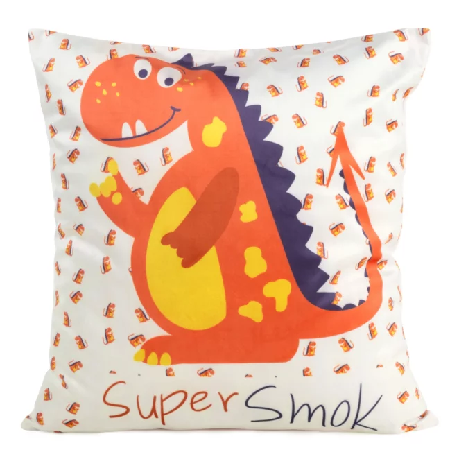Poszewka na poduszkę 45x45 cm welwetowa, biało pomarańczowa z drukowanym motywem smoka KIDS 8B DESIGN 91
