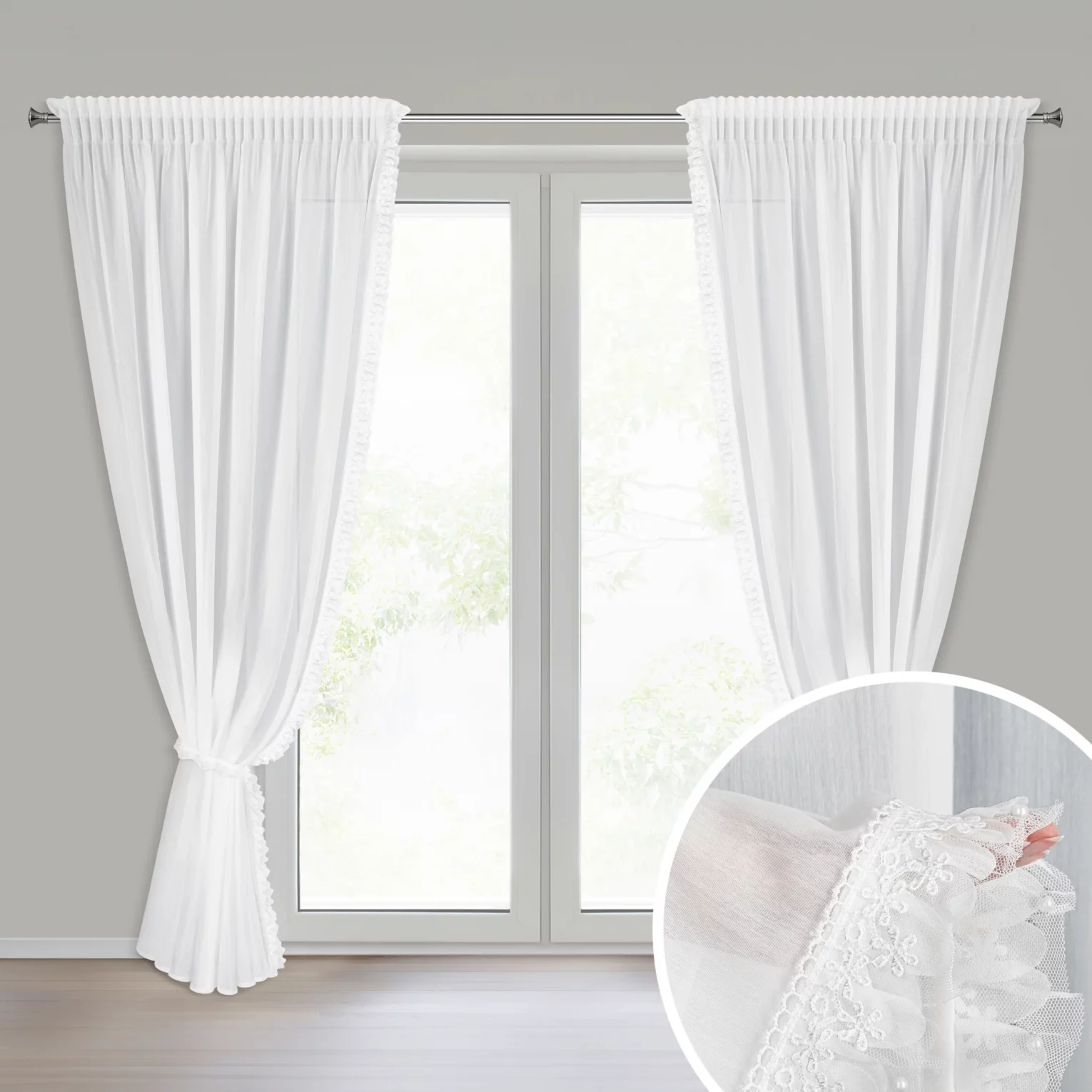 Komplet firan białych zdobionych aplikacją z gipiurą z perełkami 140x270 cm taśma+troczek ELENA