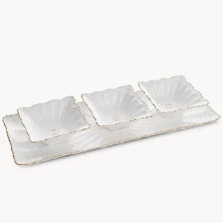 Patera ceramiczna dekoracyjna kremowo-złota z trzema miseczkami zdobiona wypukłym wzorem 42x16x2 cm GAIA