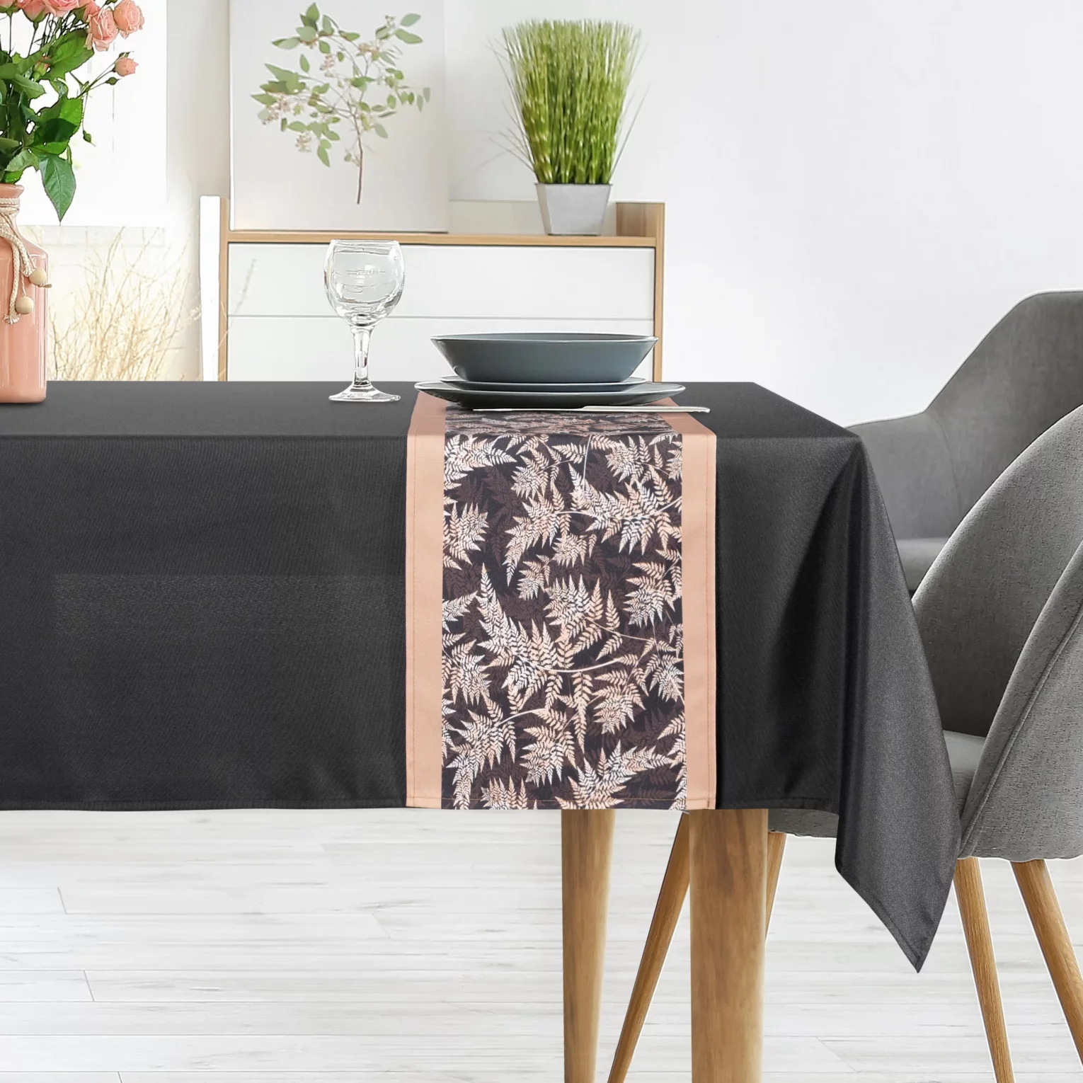 Komplet obrus z bieżnikiem czarno, beżowy 140x180 cm ANITA 1 zdobiony subtelnym wzorem roślinnym