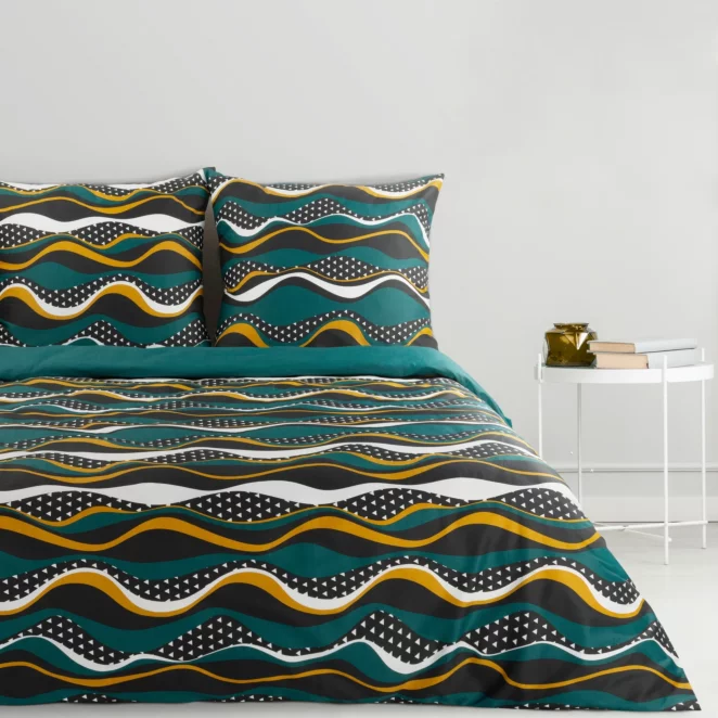 Pościel bawełniana 220x200 cm komplet 3 częściowy kolor ciemnoturkusowy, musztardowy z wzorem geometrycznym NIKA 50