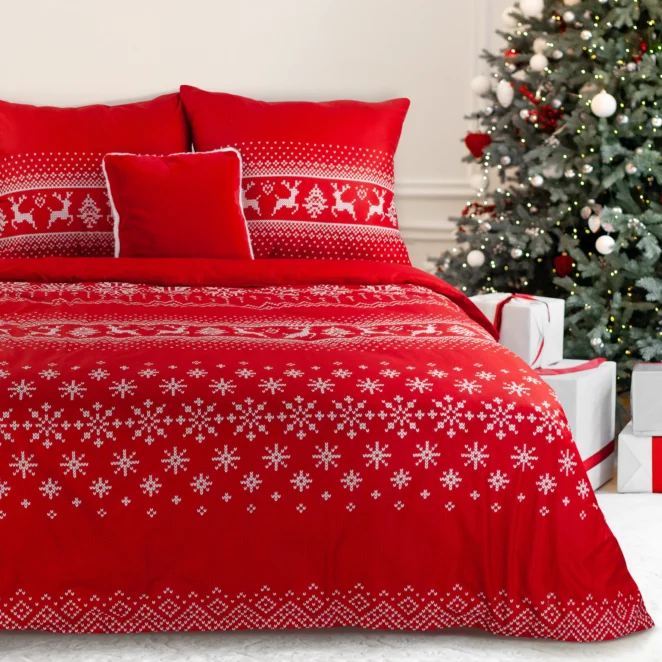 Pościel świąteczna 220x200 z mikrowłókna kolor czerwony, biały z motywem skandynawskim NOEL 02